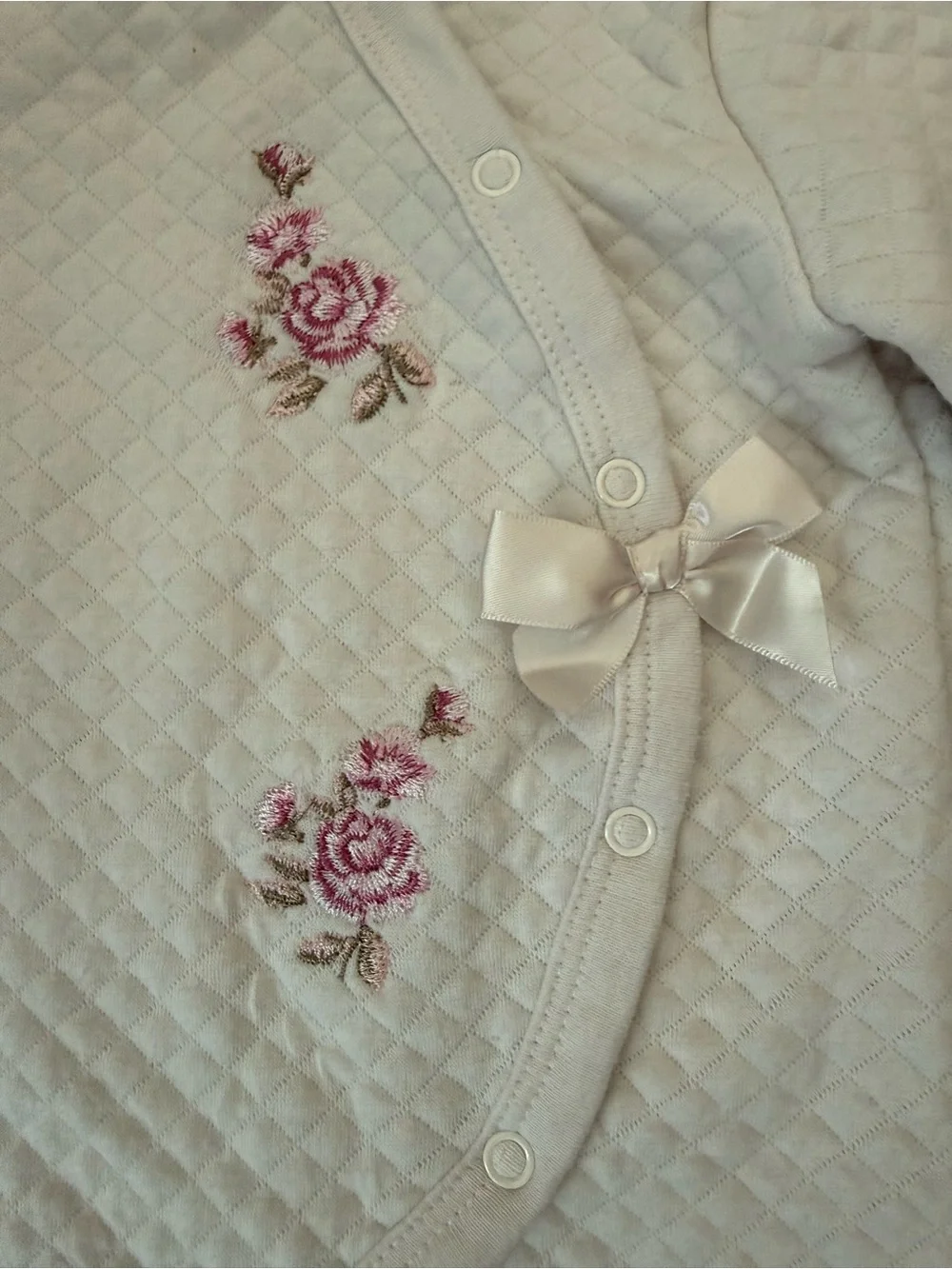 Catherine Malandrino Quilted Cream Footed One-Piece with Pink Rose Embroidery